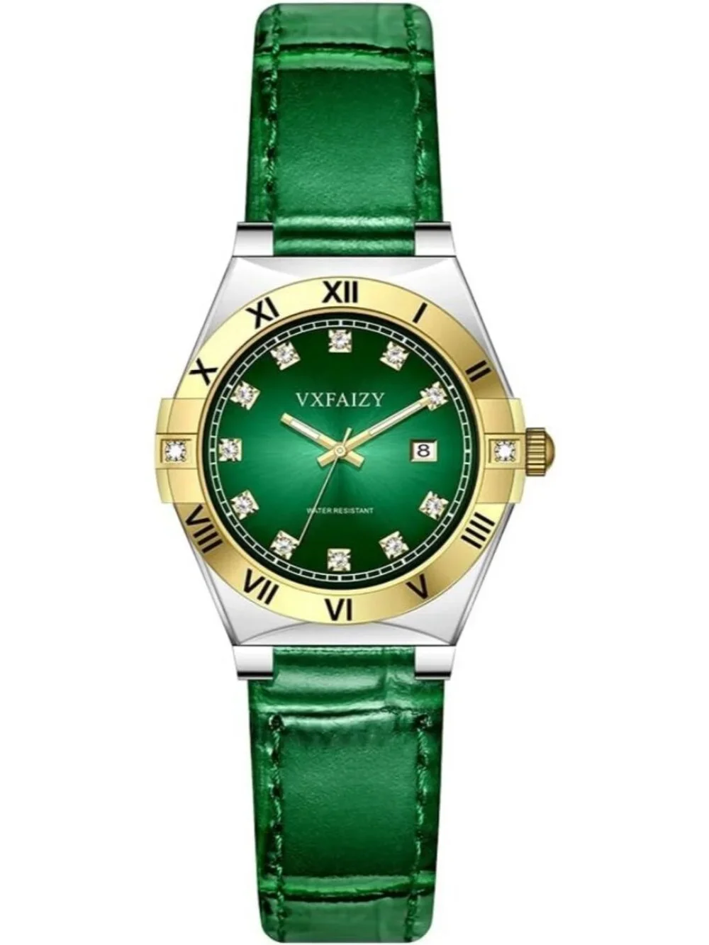 Women's Silver Green Crystal Diamond Dial Genuine Leather Strap Wrist Watches